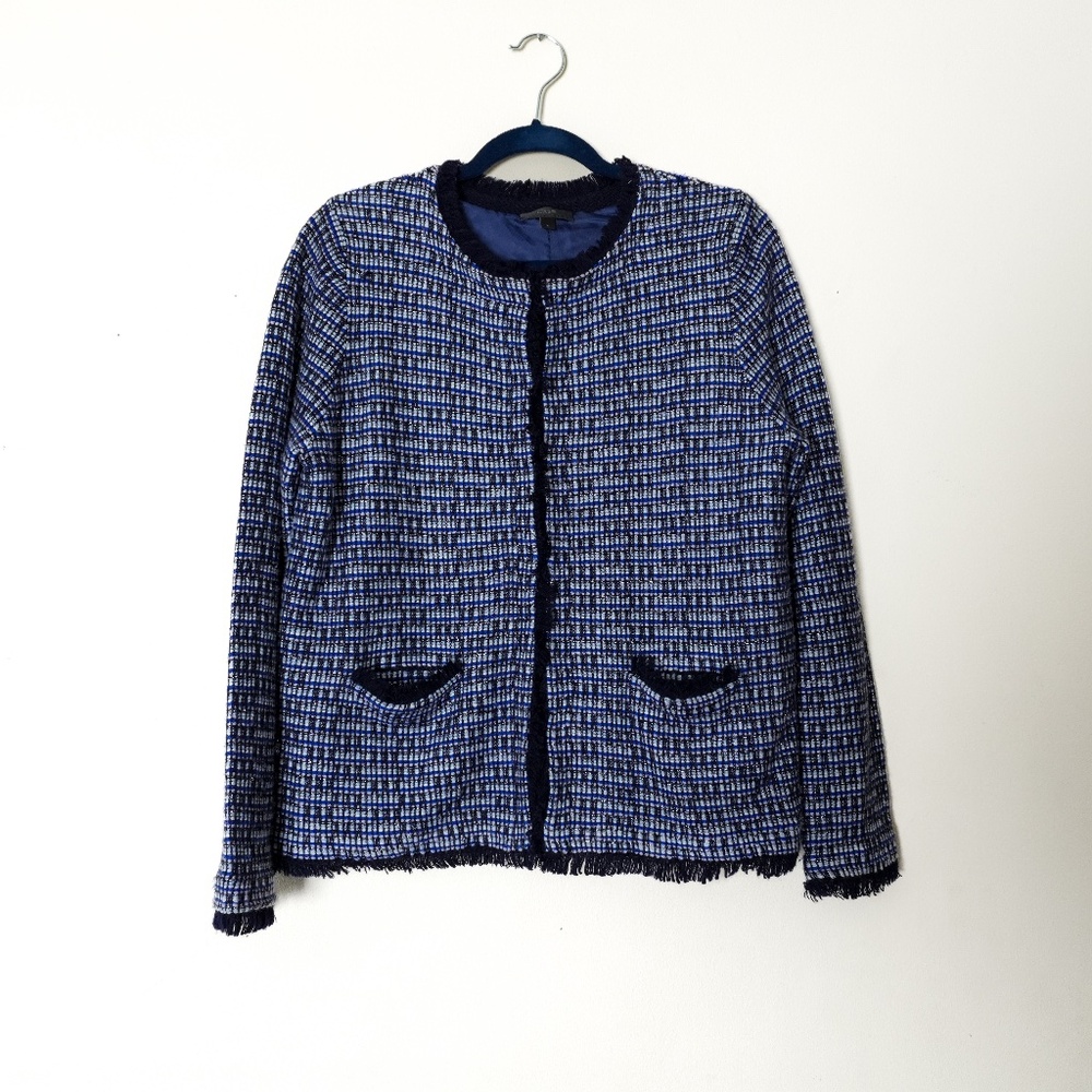 J. Crew Fringe Tweed Blue Cardigan Blazer